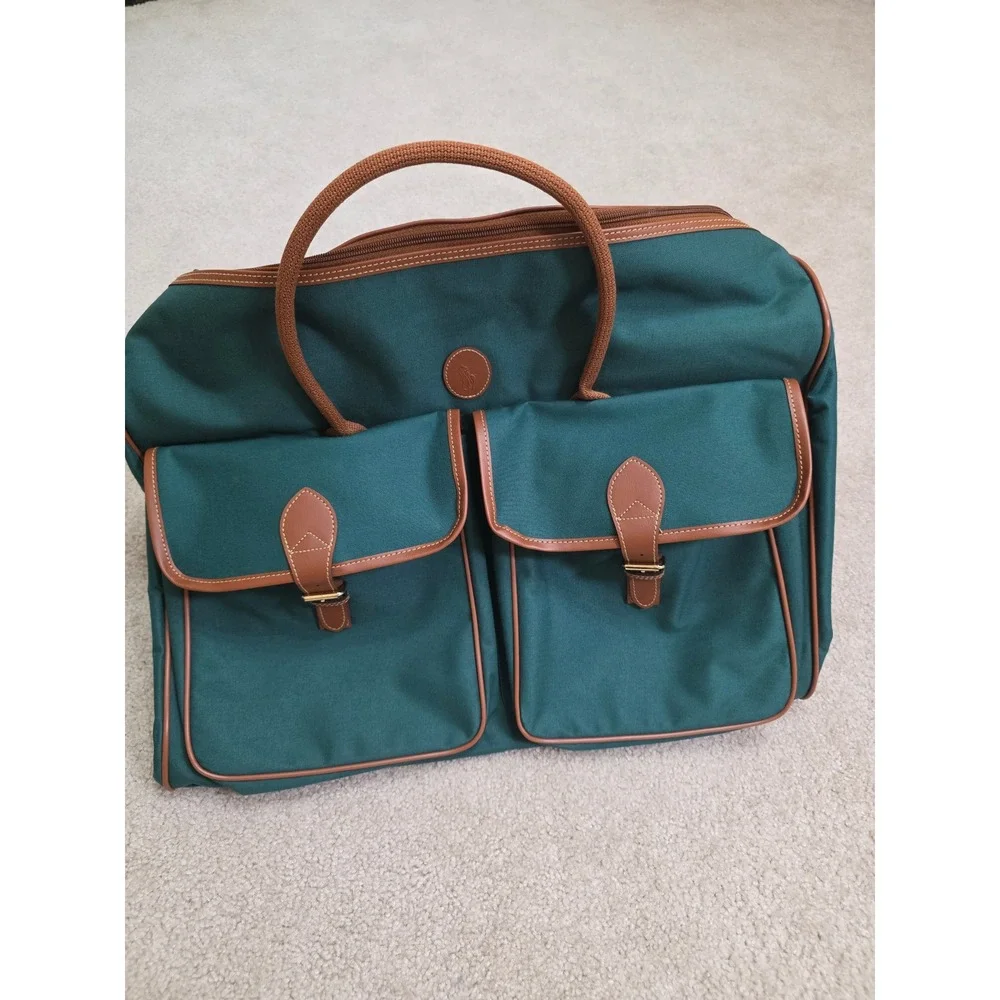 PoloRalphLauren Vintage Duffle Bag Green Canvas Weekend Travel Luggage Pony Logo